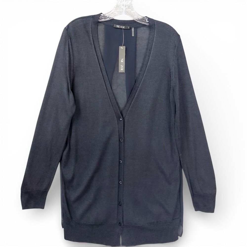 NIC+ZOE Silk Blend Cardigan Sz L Navy Blue Sheer Back Button Front Lightweight